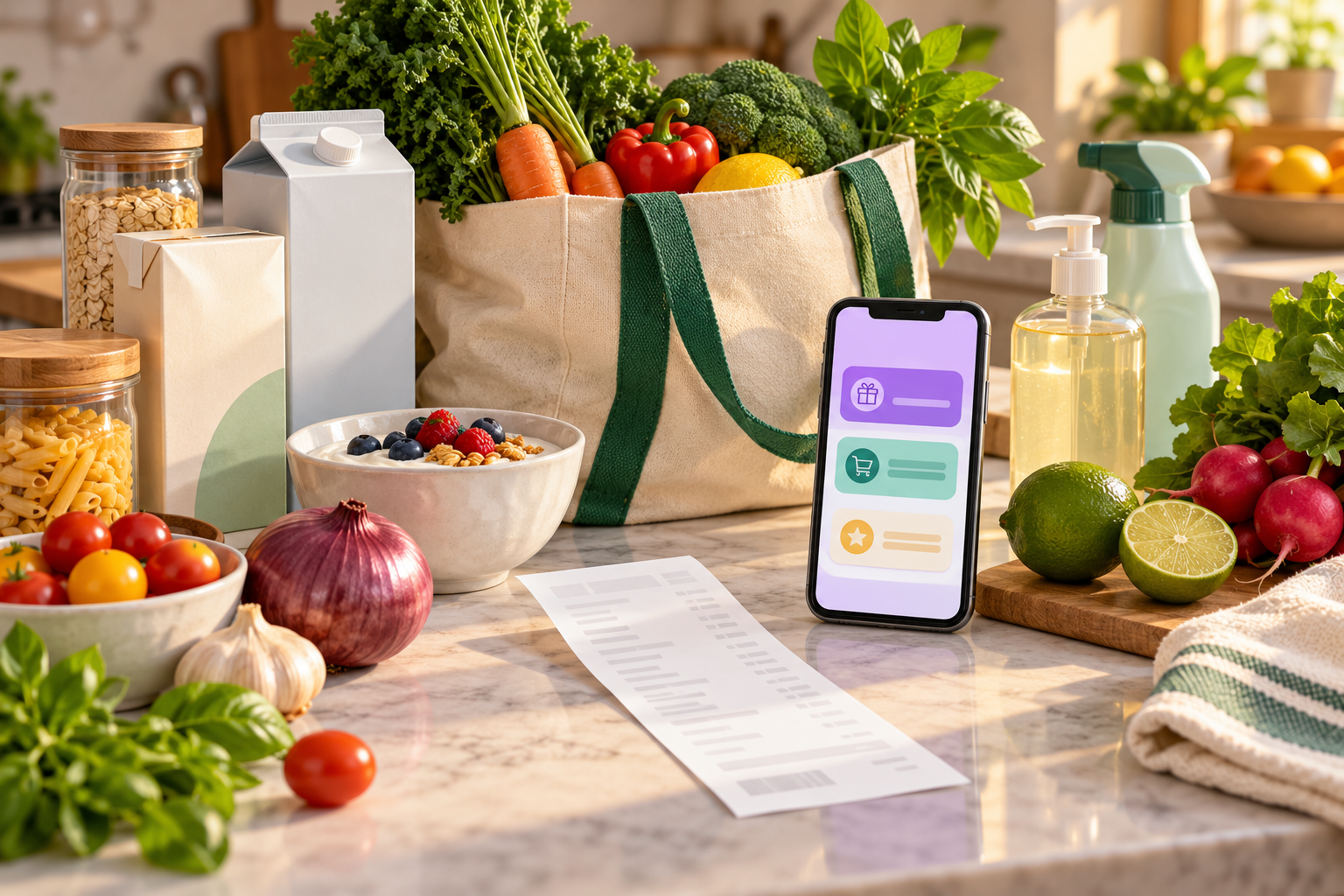 Illustration of groceries, a receipt, and a smartphone with reward cards on a kitchen counter